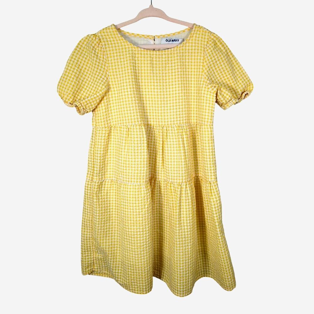 Old Navy Gingham Dress Tiered Yellow Cotton Blend Sundress Girls Size 6/7 Small